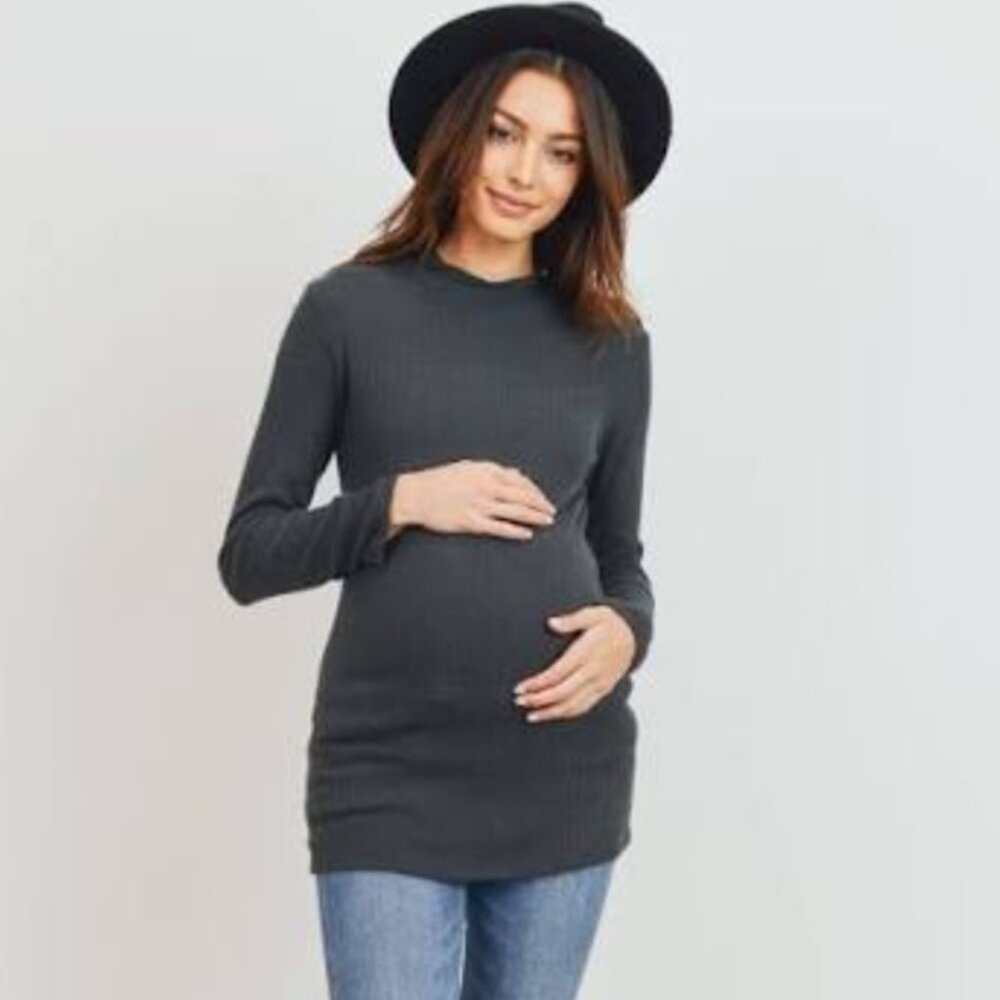 Hello Miz Gray Rib Knit Mock Neck Longline Cozy Maternity Sweater Women's S